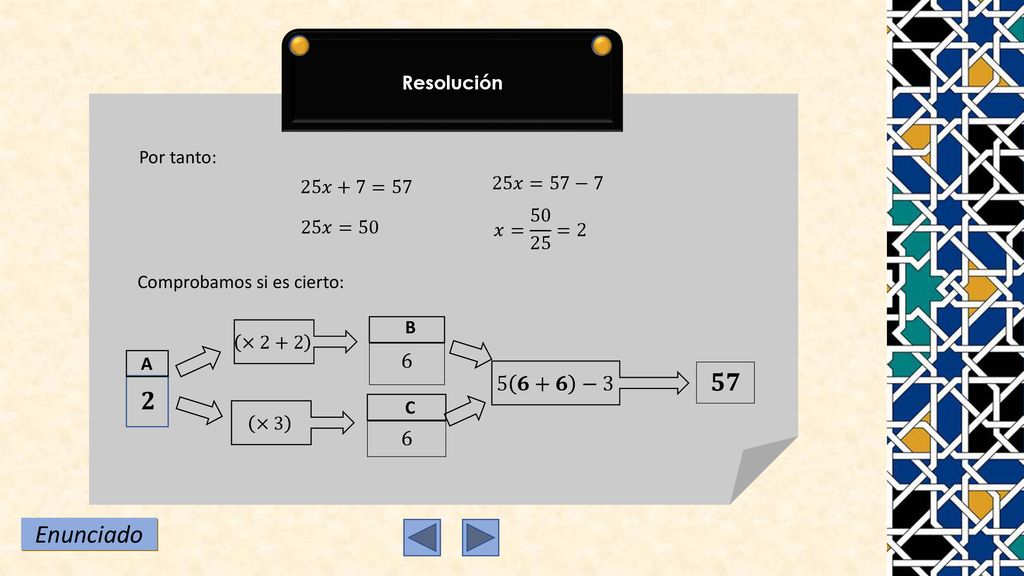 𝟓𝟕 𝟐 Enunciado 6 5 𝟔+𝟔 −3 Resolución Por tanto: 25𝑥=57−7 25𝑥+7=57
