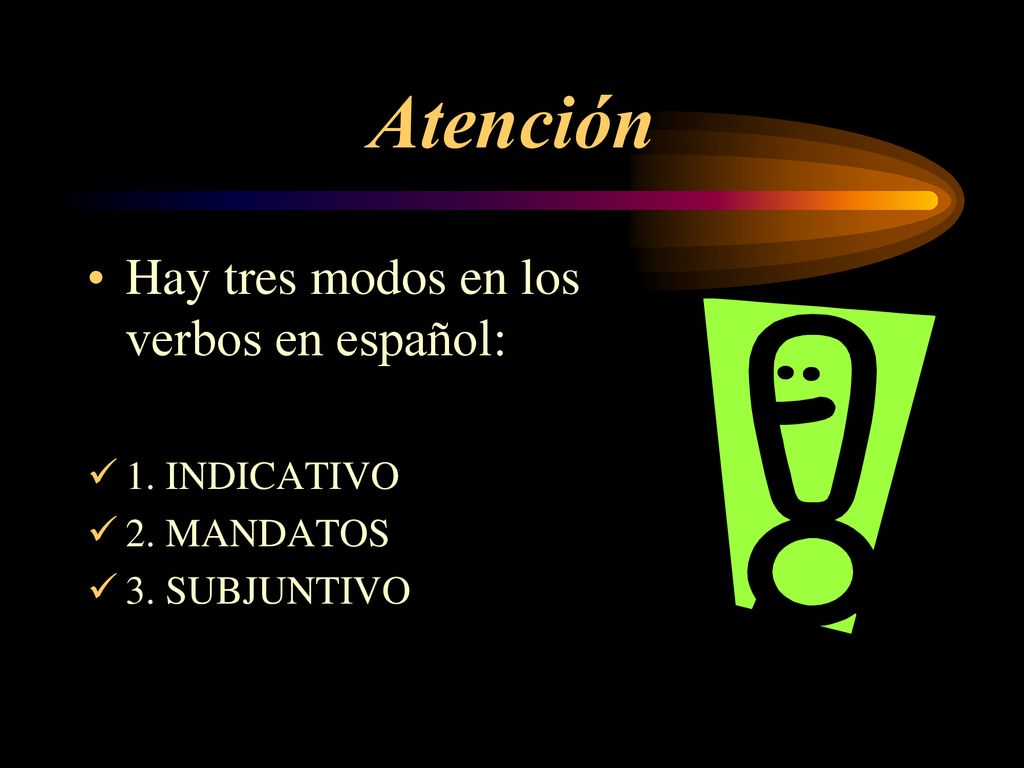 Atención Hay tres modos en los verbos en español: 1. INDICATIVO