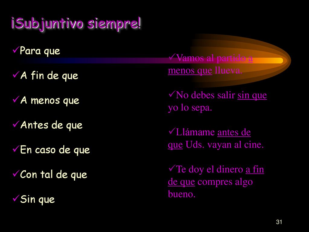 ¡Subjuntivo siempre! Para que Vamos al partido a menos que llueva.