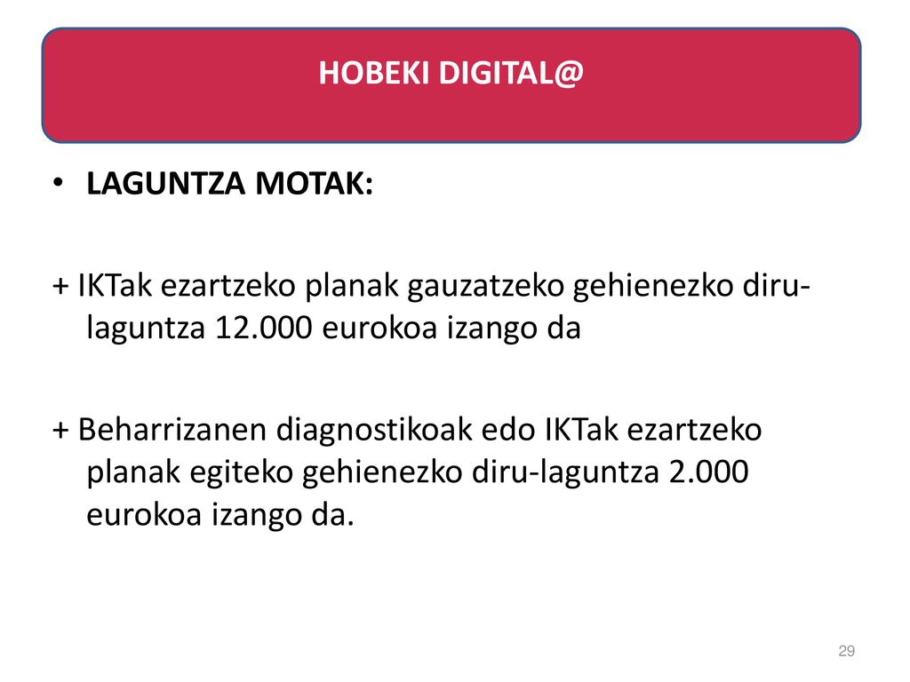 HOBEKI LAGUNTZA MOTAK: + IKTak ezartzeko planak gauzatzeko gehienezko diru-laguntza eurokoa izango da.