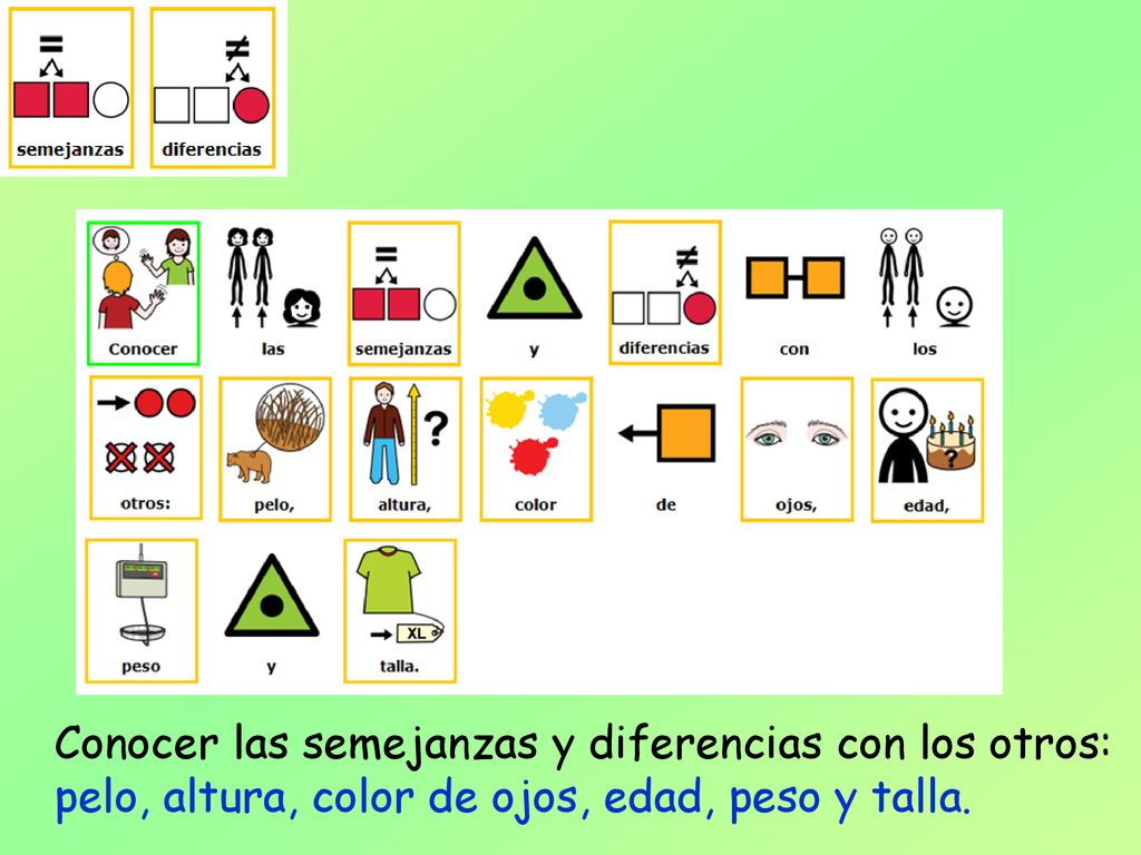 Conocer las semejanzas y diferencias con los otros: pelo, altura, color de ojos, edad, peso y talla.