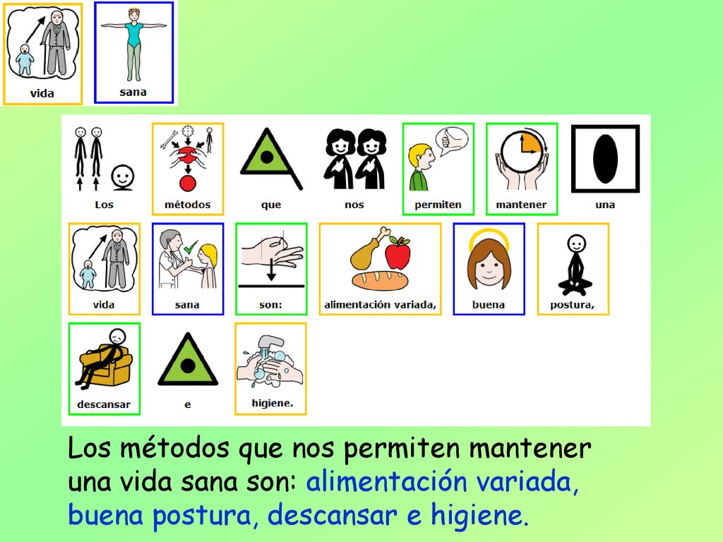 Los métodos que nos permiten mantener una vida sana son: alimentación variada, buena postura, descansar e higiene.
