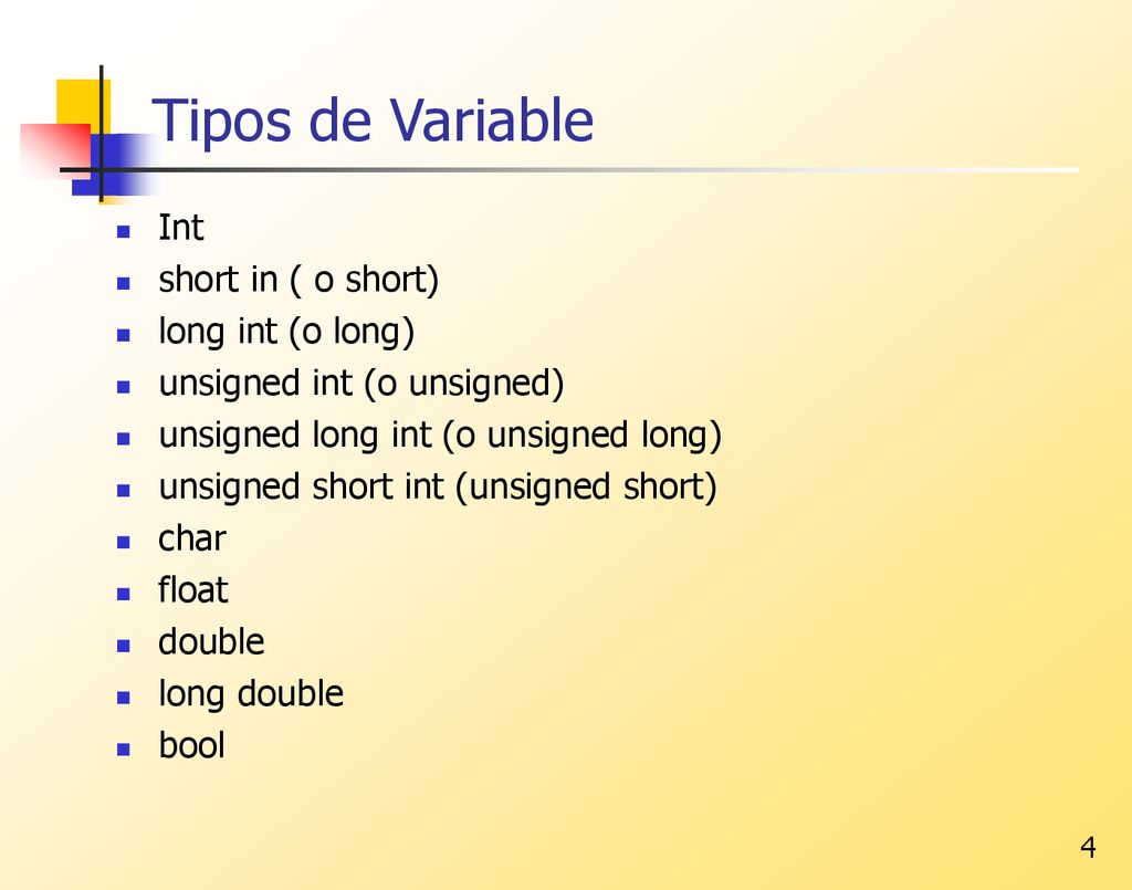 Tipos de Variable Int short in ( o short) long int (o long)