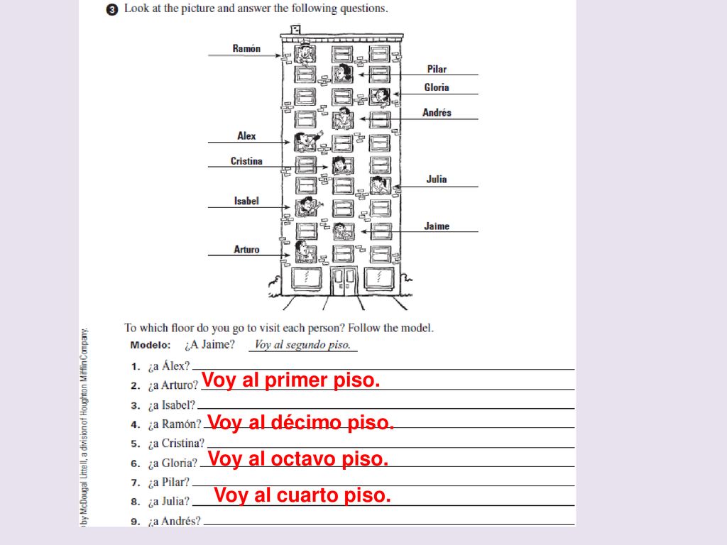 Voy al primer piso. Voy al décimo piso. Voy al octavo piso. Voy al cuarto piso.