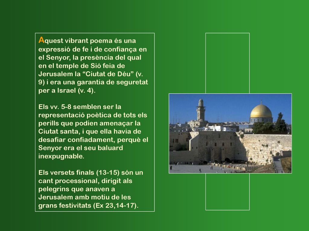 Aquest vibrant poema és una expressió de fe i de confiança en el Senyor, la presència del qual en el temple de Sió feia de Jerusalem la Ciutat de Déu (v. 9) i era una garantia de seguretat per a Israel (v. 4).