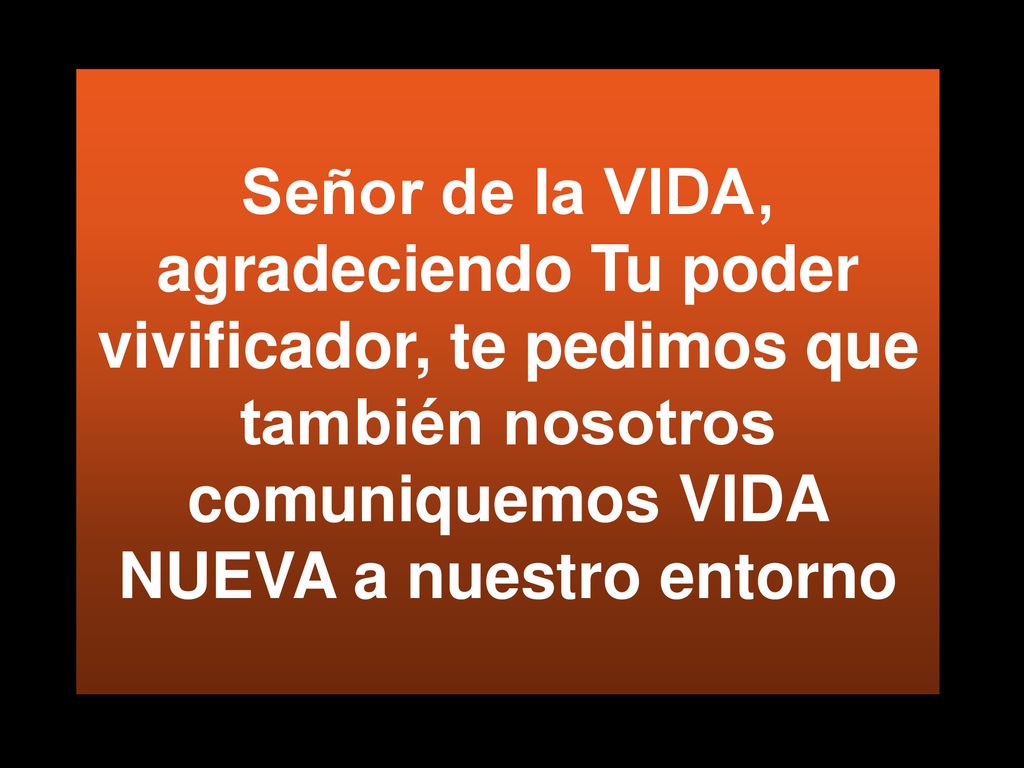 Señor de la VIDA, agradeciendo Tu poder vivificador, te pedimos que también nosotros comuniquemos VIDA NUEVA a nuestro entorno