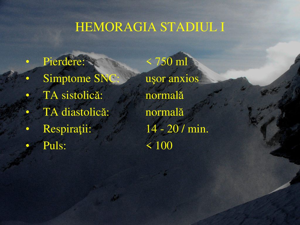 HEMORAGIA STADIUL I Pierdere: < 750 ml Simptome SNC: uşor anxios