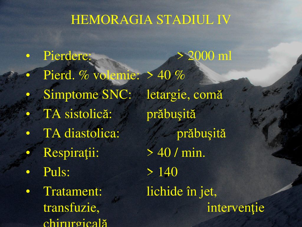 HEMORAGIA STADIUL IV Pierdere: > 2000 ml. Pierd. % volemie: > 40 % Simptome SNC: letargie, comă.