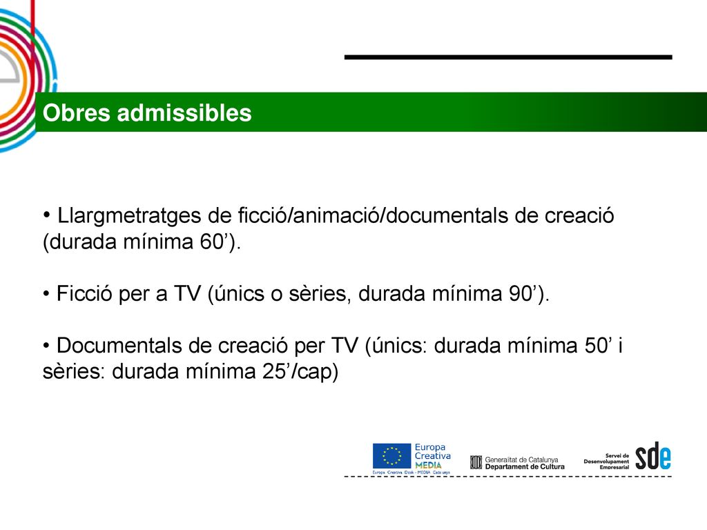 Obres admissibles Llargmetratges de ficció/animació/documentals de creació (durada mínima 60’). Ficció per a TV (únics o sèries, durada mínima 90’).