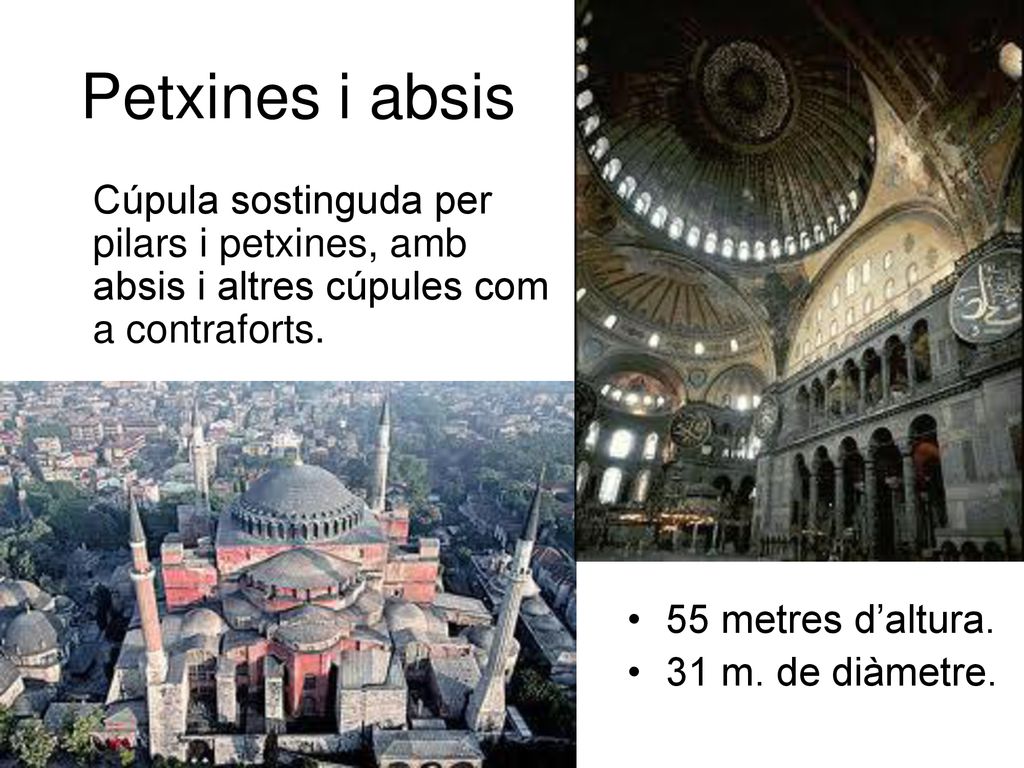 Petxines i absis Cúpula sostinguda per pilars i petxines, amb absis i altres cúpules com a contraforts.