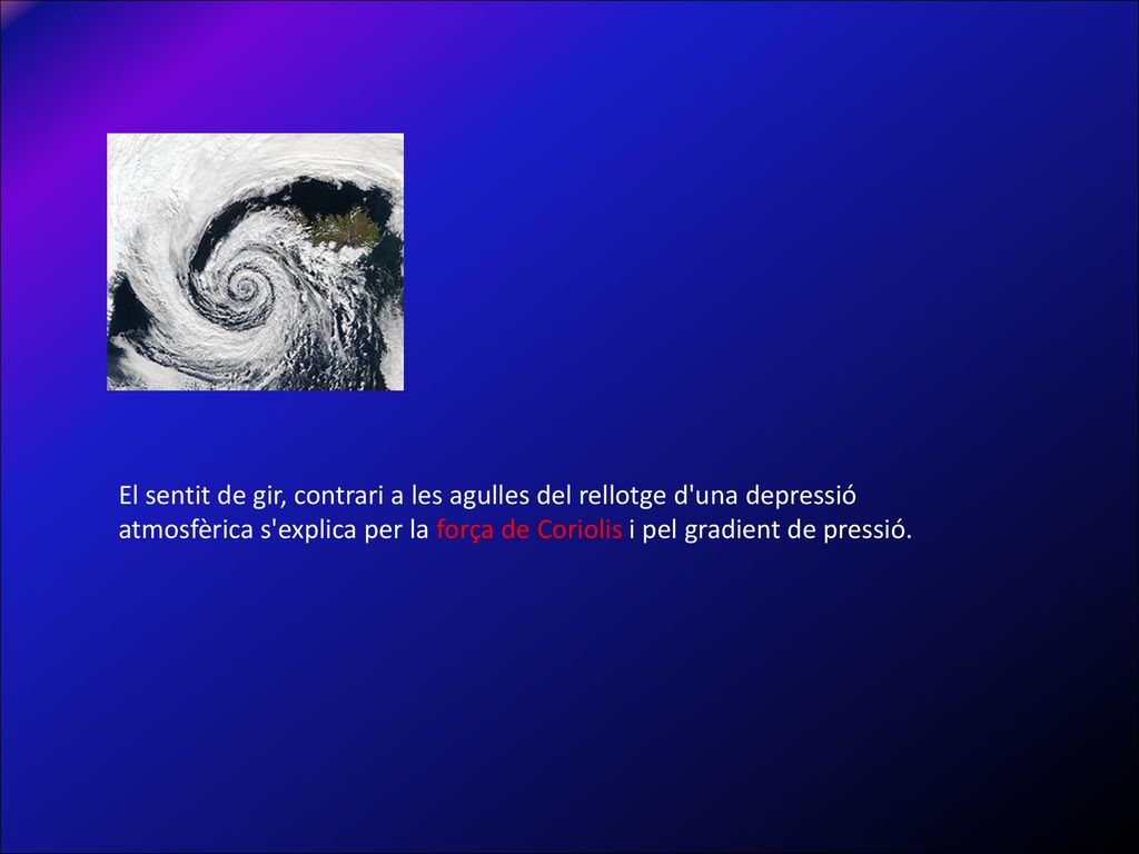 El sentit de gir, contrari a les agulles del rellotge d una depressió atmosfèrica s explica per la força de Coriolis i pel gradient de pressió.