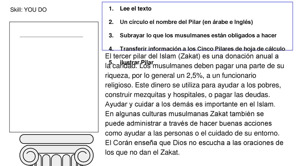 Skill: YOU DO Lee el texto. Un círculo el nombre del Pilar (en árabe e Inglés) Subrayar lo que los musulmanes están obligados a hacer.