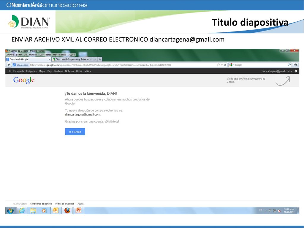 Nombre Área Titulo diapositiva ENVIAR ARCHIVO XML AL CORREO ELECTRONICO