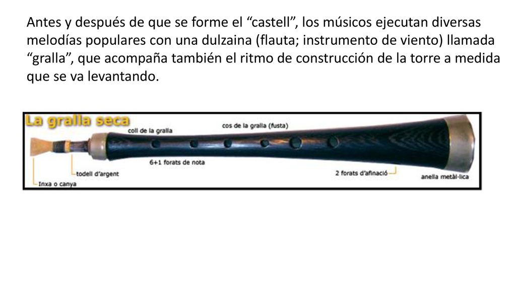 Antes y después de que se forme el castell , los músicos ejecutan diversas melodías populares con una dulzaina (flauta; instrumento de viento) llamada gralla , que acompaña también el ritmo de construcción de la torre a medida que se va levantando.