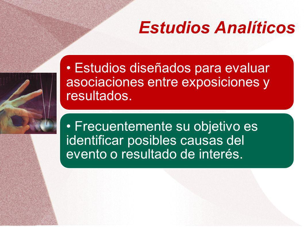 Estudios Analíticos • Estudios diseñados para evaluar asociaciones entre exposiciones y resultados.