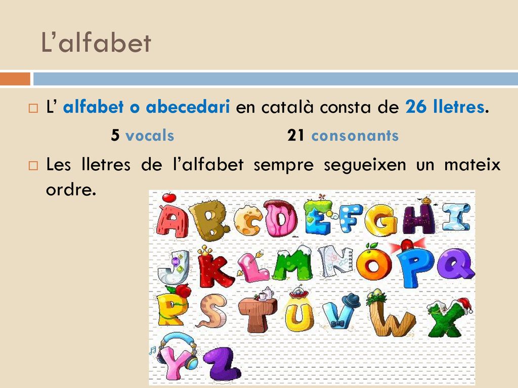 L’alfabet L’ alfabet o abecedari en català consta de 26 lletres.