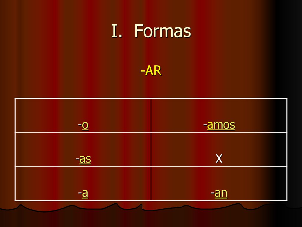 I. Formas -AR -o -amos -as X -a -an
