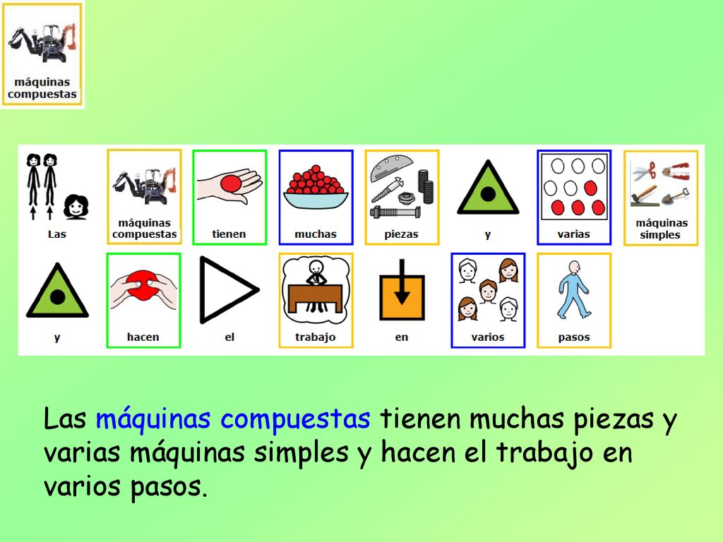 Las máquinas compuestas tienen muchas piezas y varias máquinas simples y hacen el trabajo en varios pasos.
