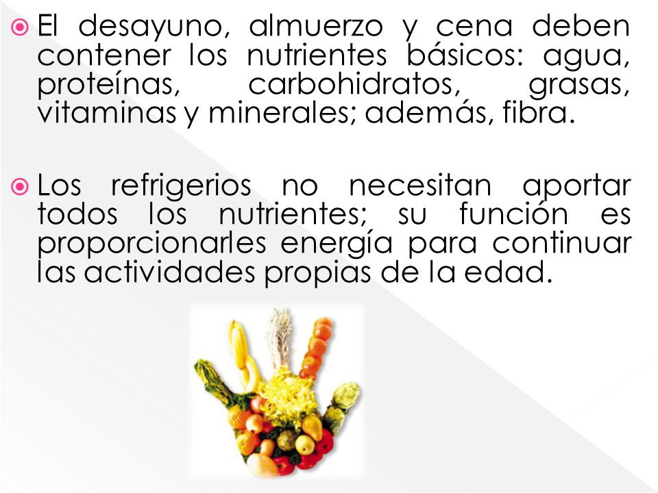 El desayuno, almuerzo y cena deben contener los nutrientes básicos: agua, proteínas, carbohidratos, grasas, vitaminas y minerales; además, fibra.
