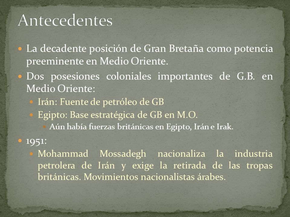 Antecedentes La decadente posición de Gran Bretaña como potencia preeminente en Medio Oriente.