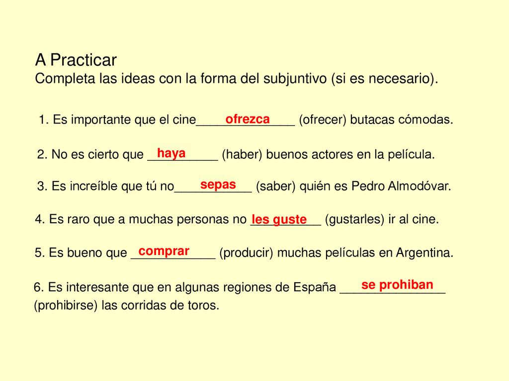 A Practicar Completa las ideas con la forma del subjuntivo (si es necesario). 1. Es importante que el cine______________ (ofrecer) butacas cómodas.