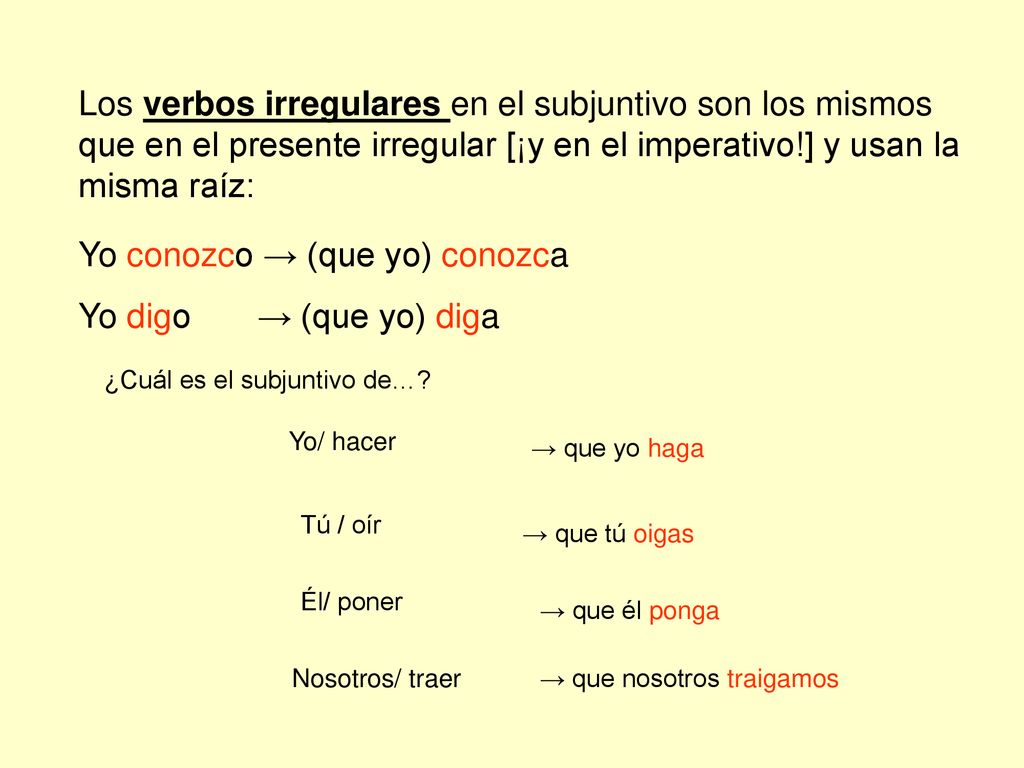 Yo conozco → (que yo) conozca Yo digo → (que yo) diga