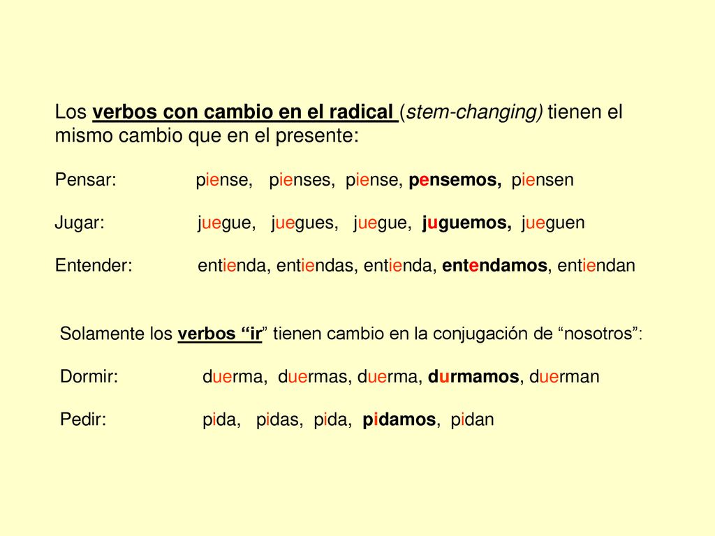 Los verbos con cambio en el radical (stem-changing) tienen el mismo cambio que en el presente: