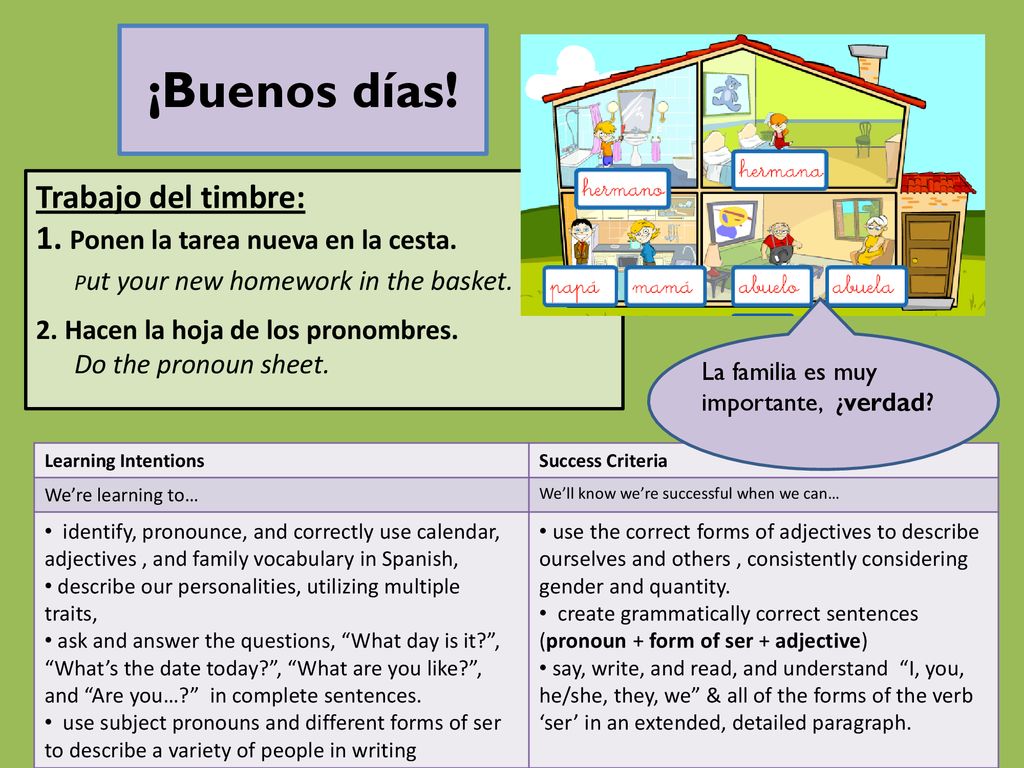 ¡Buenos días! Trabajo del timbre: 1. Ponen la tarea nueva en la cesta.