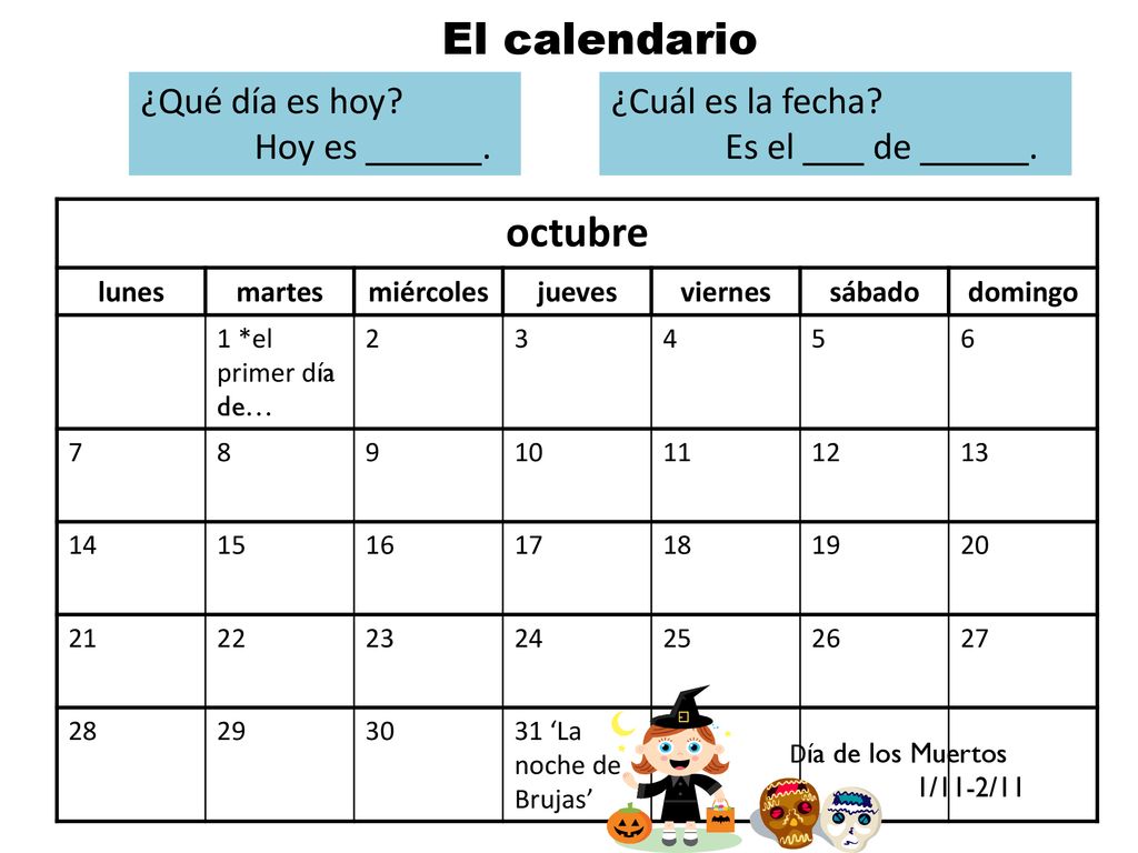 El calendario octubre ¿Qué día es hoy Hoy es . ¿Cuál es la fecha