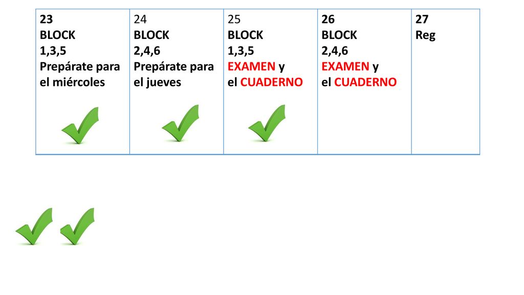23 BLOCK. 1,3,5. Prepárate para el miércoles ,4,6. Prepárate para el jueves. 25. EXAMEN y.