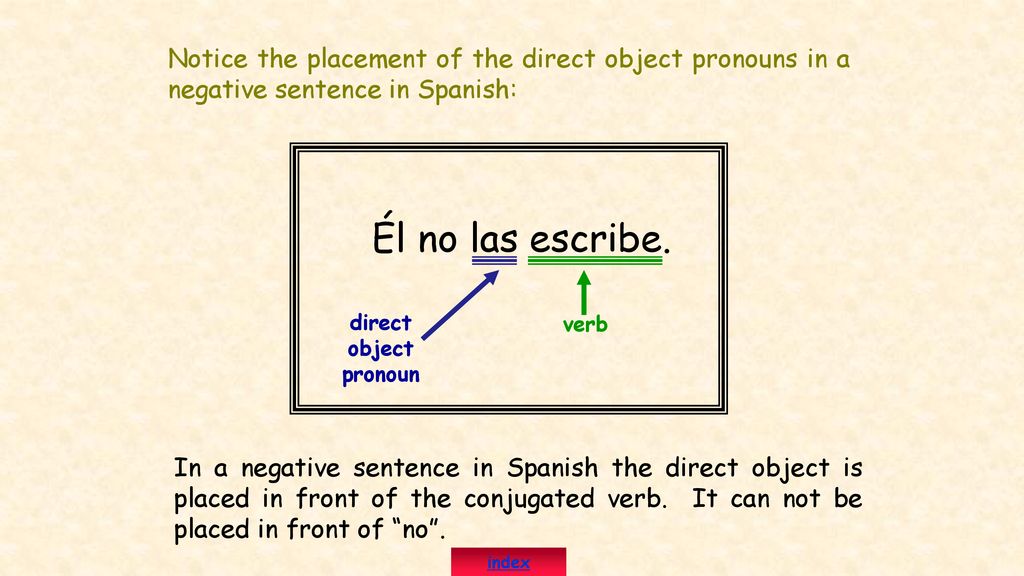 Notice the placement of the direct object pronouns in a negative sentence in Spanish: