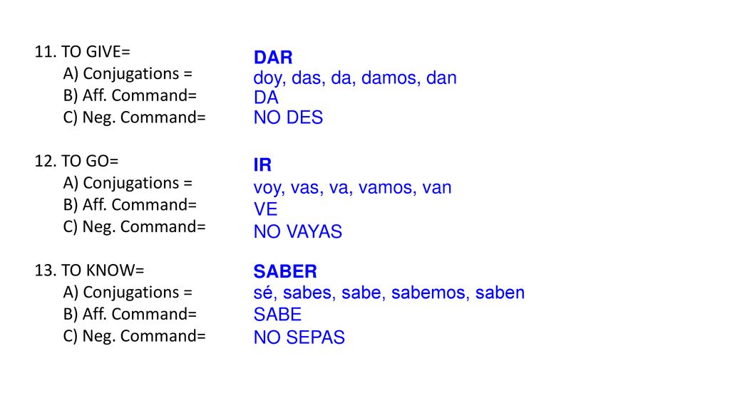 11. TO GIVE= A) Conjugations = B) Aff. Command= C) Neg. Command= 12. TO GO= 13. TO KNOW= DAR. doy, das, da, damos, dan.
