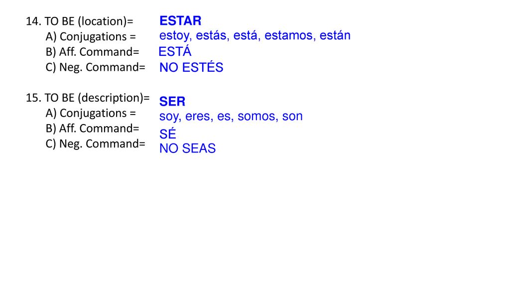 14. TO BE (location)= A) Conjugations = B) Aff. Command= C) Neg. Command= 15. TO BE (description)=