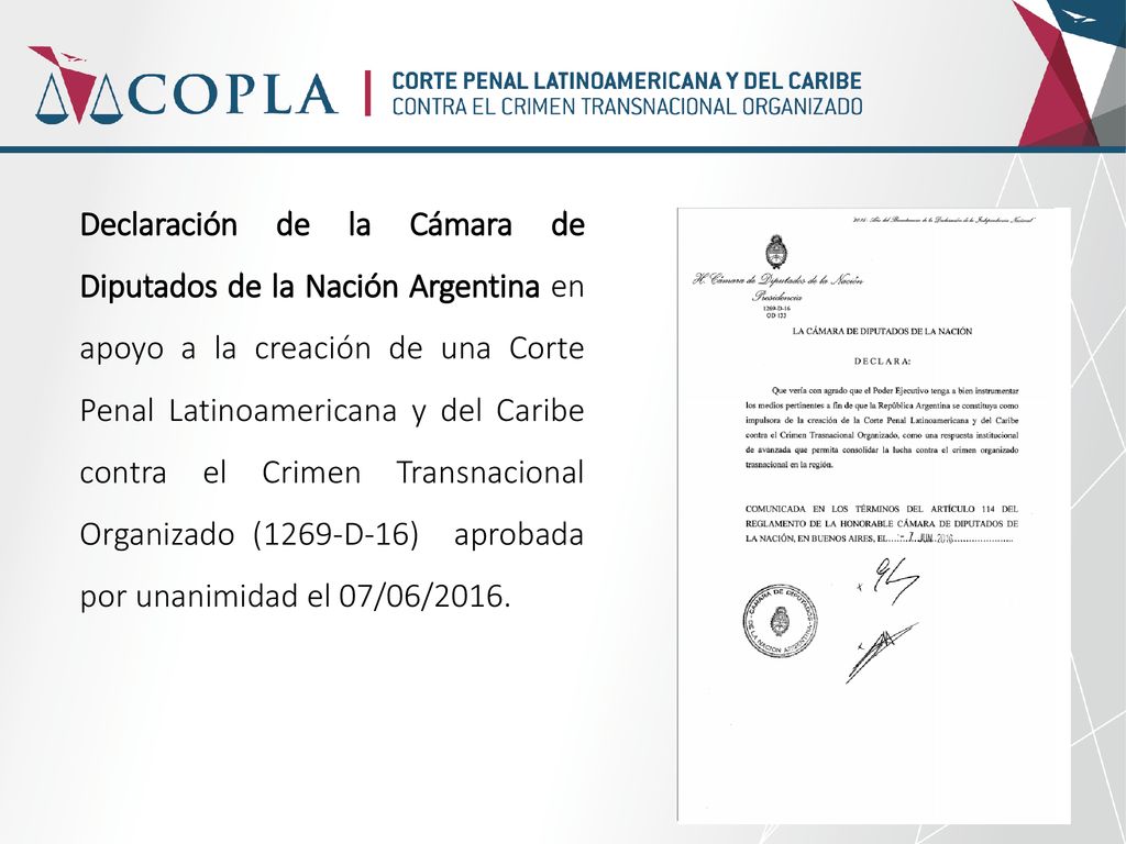Declaración de la Cámara de Diputados de la Nación Argentina en apoyo a la creación de una Corte Penal Latinoamericana y del Caribe contra el Crimen Transnacional Organizado (1269-D-16) aprobada por unanimidad el 07/06/2016.