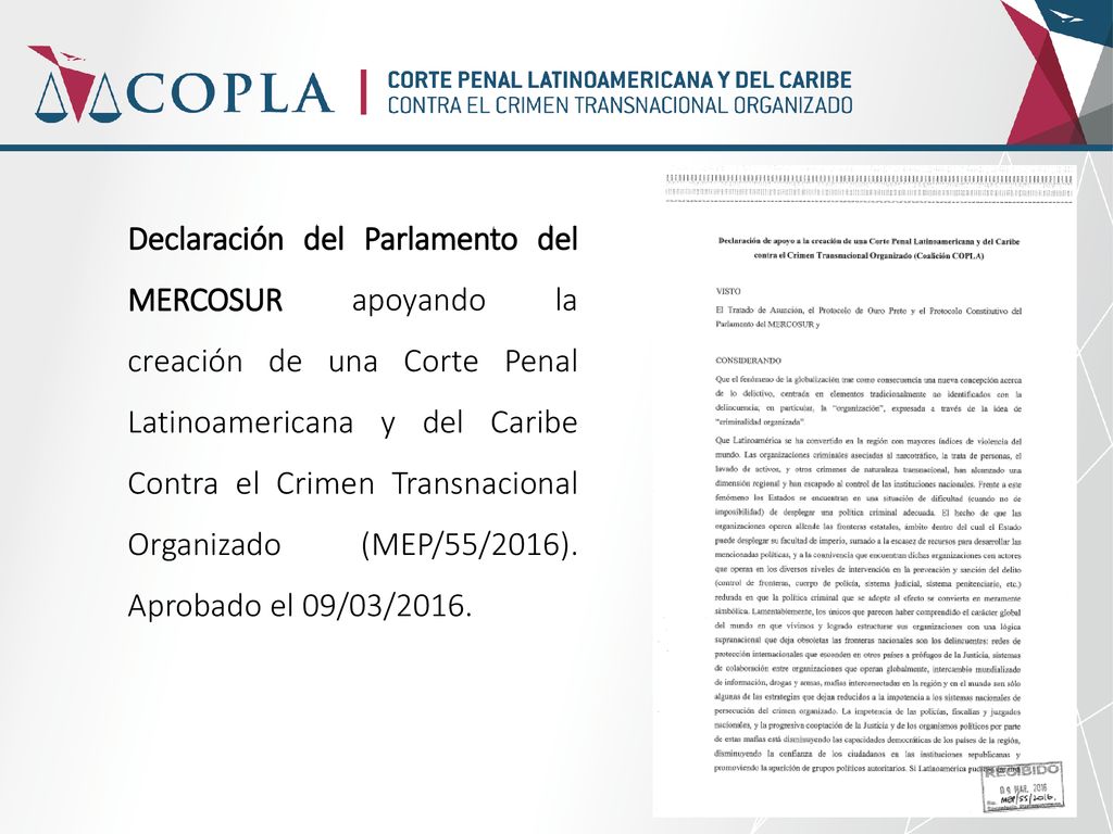Declaración del Parlamento del MERCOSUR apoyando la creación de una Corte Penal Latinoamericana y del Caribe Contra el Crimen Transnacional Organizado (MEP/55/2016).