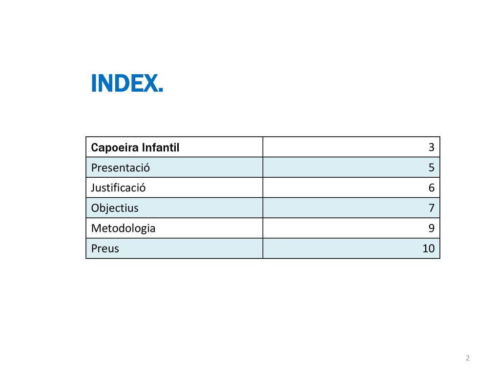 INDEX. Capoeira Infantil 3 Presentació 5 Justificació 6 Objectius 7