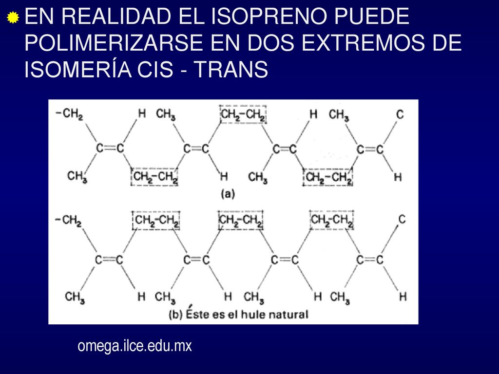 EN REALIDAD EL ISOPRENO PUEDE POLIMERIZARSE EN DOS EXTREMOS DE ISOMERÍA CIS - TRANS