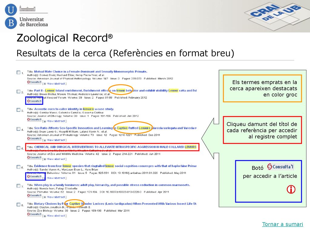 Zoological Record® Resultats de la cerca (Referències en format breu)