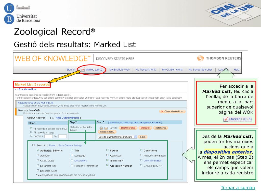 Zoological Record® Gestió dels resultats: Marked List