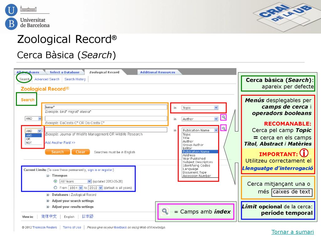 Zoological Record® Cerca Bàsica (Search) = cerca en els camps