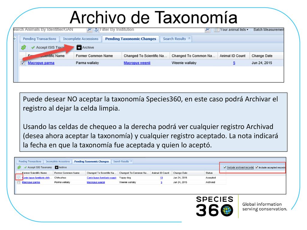 Archivo de Taxonomía Puede desear NO aceptar la taxonomía Species360, en este caso podrá Archivar el registro al dejar la celda limpia.