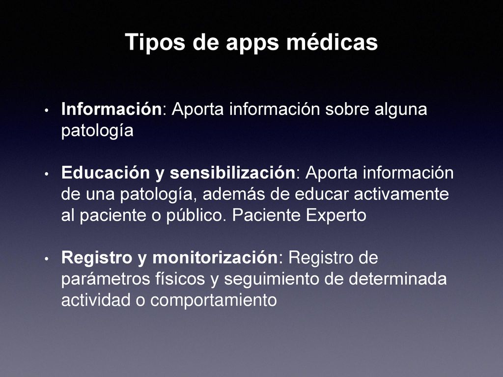 Tipos de apps médicas Información: Aporta información sobre alguna patología.