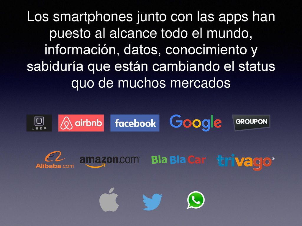 Los smartphones junto con las apps han puesto al alcance todo el mundo, información, datos, conocimiento y sabiduría que están cambiando el status quo de muchos mercados