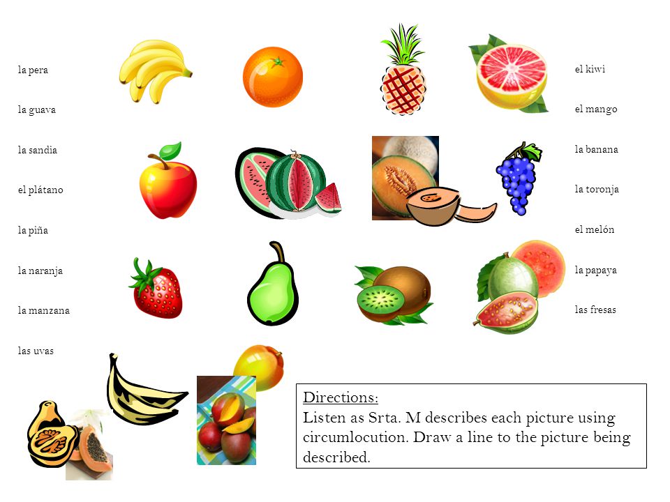 la pera la guava. la sandia. el plátano. la piña. la naranja. la manzana. las uvas. el kiwi.