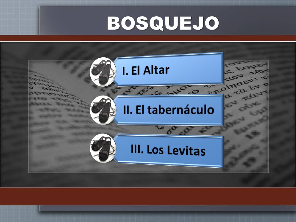 BOSQUEJO I. El Altar II. El tabernáculo III. Los Levitas