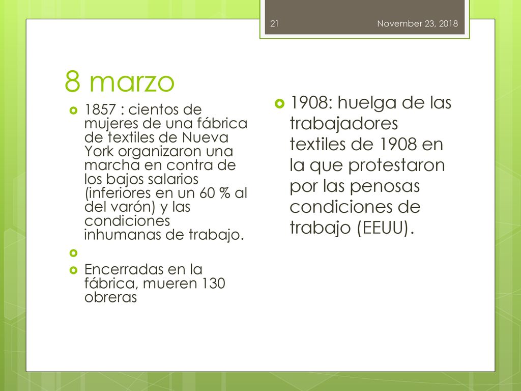 November 23, marzo. 1908: huelga de las trabajadores textiles de 1908 en la que protestaron por las penosas condiciones de trabajo (EEUU).