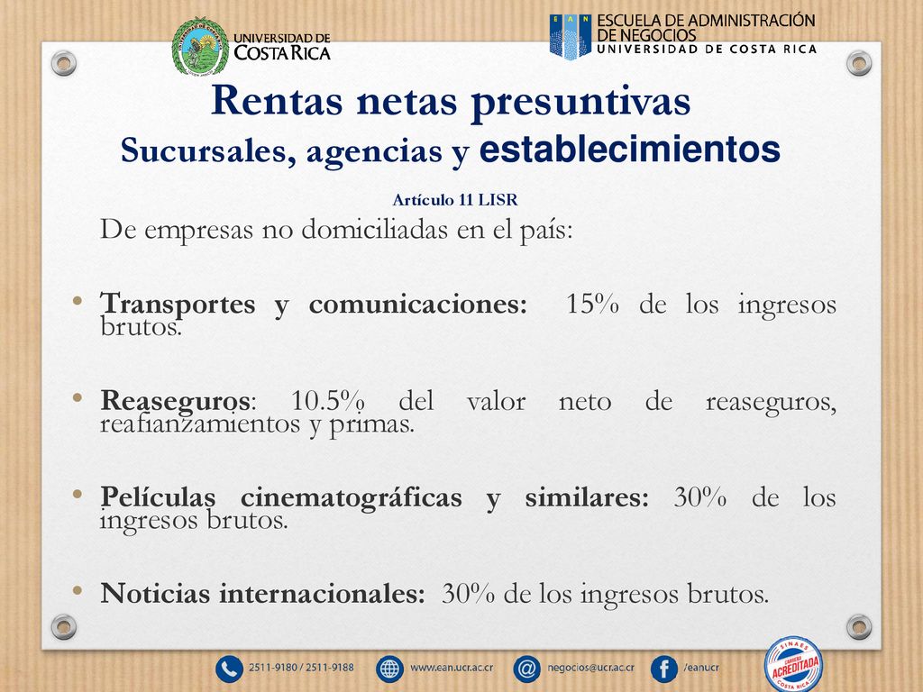 Rentas netas presuntivas Sucursales, agencias y establecimientos Artículo 11 LISR