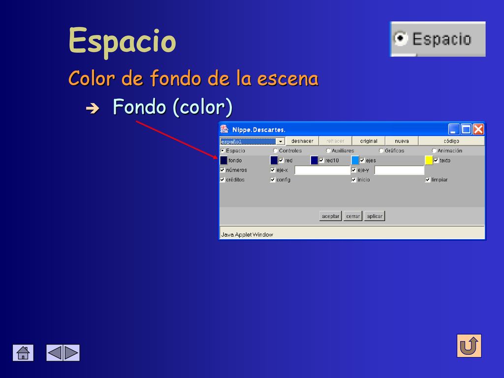 Espacio Color de fondo de la escena Fondo (color)