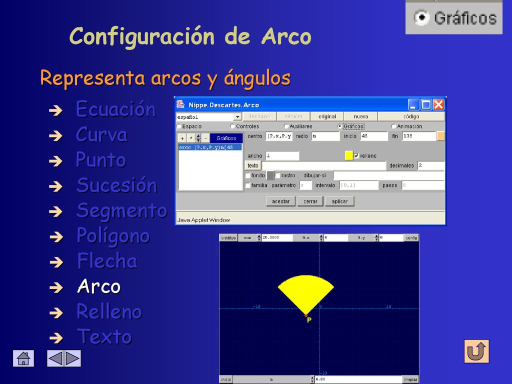 Configuración de Arco Representa arcos y ángulos Ecuación Curva Punto