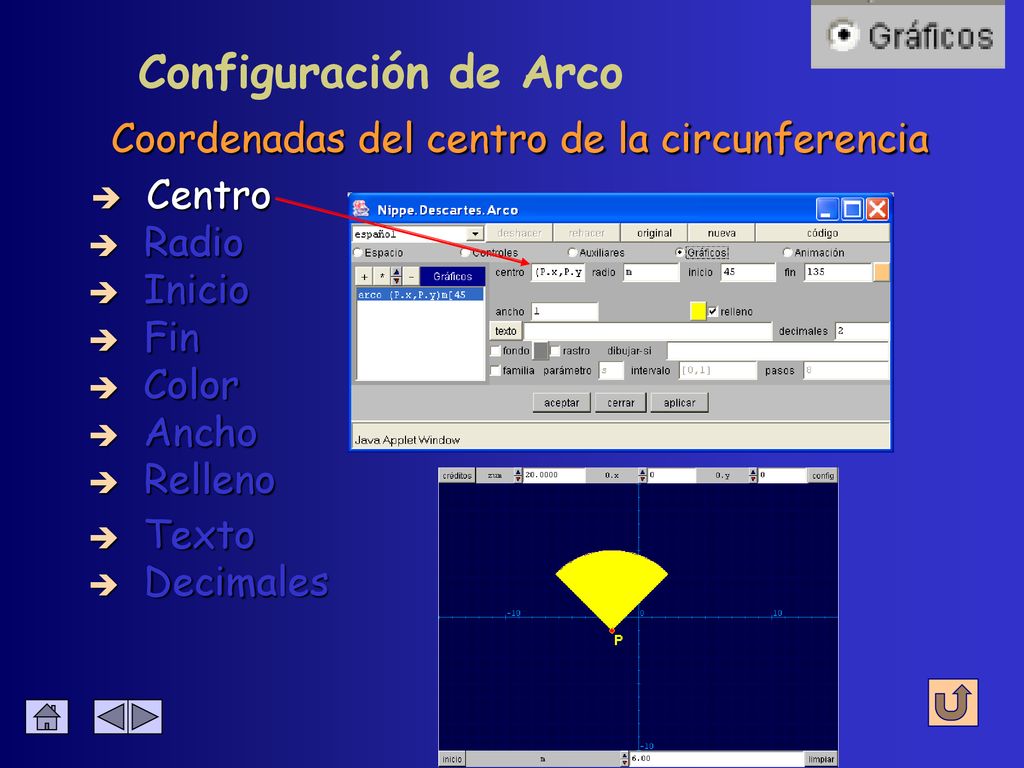 Configuración de Arco Coordenadas del centro de la circunferencia